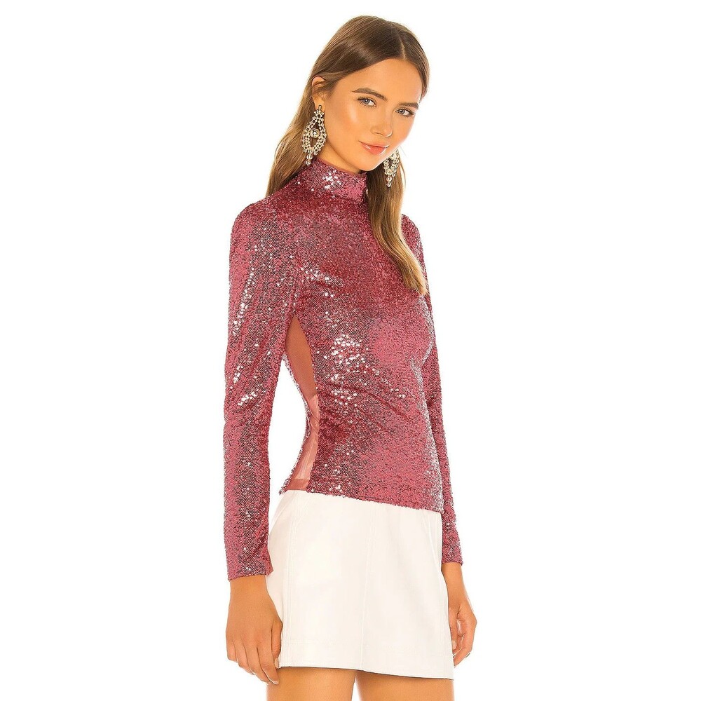 Cinq A Sept Joan Sequin High Neck Top Womens L Rosewood Pink Party Luxury Blouse